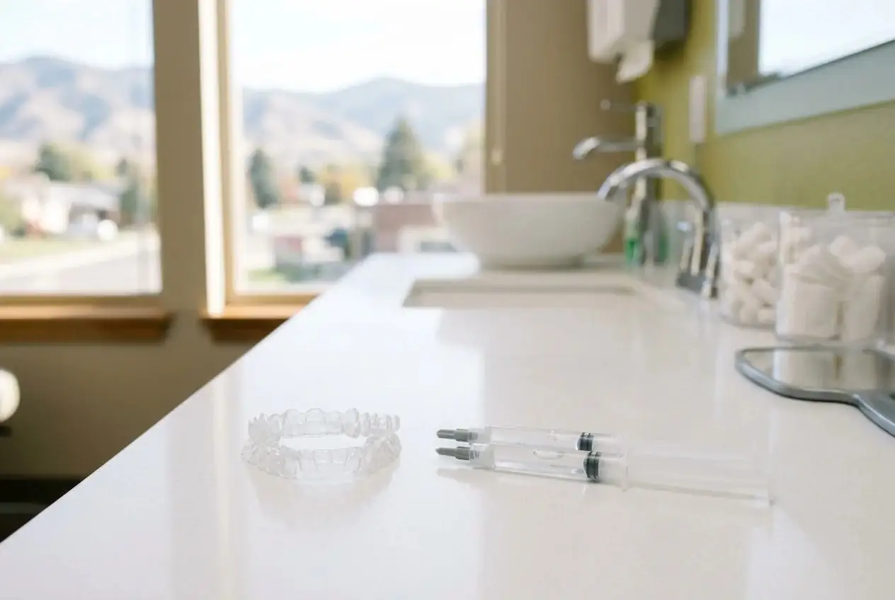 Clear teeth whitening trays and two gel syringes resting on a white countertop.